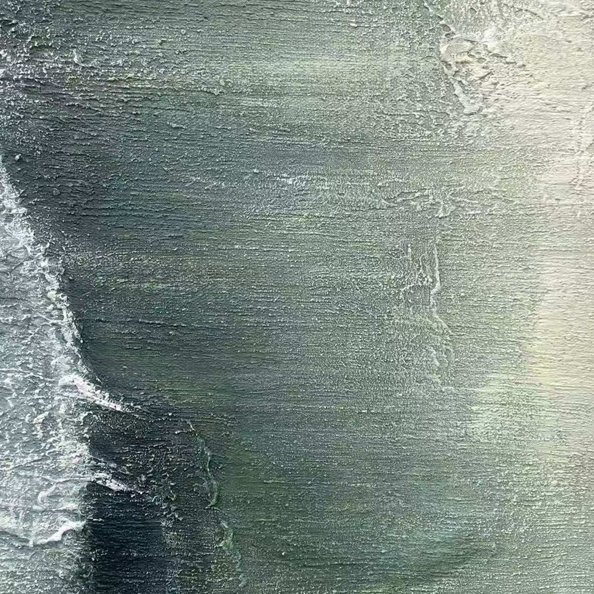 Emerald Depths hand-painted emerald green and ivory textured coastal abstract painting shown with black frame