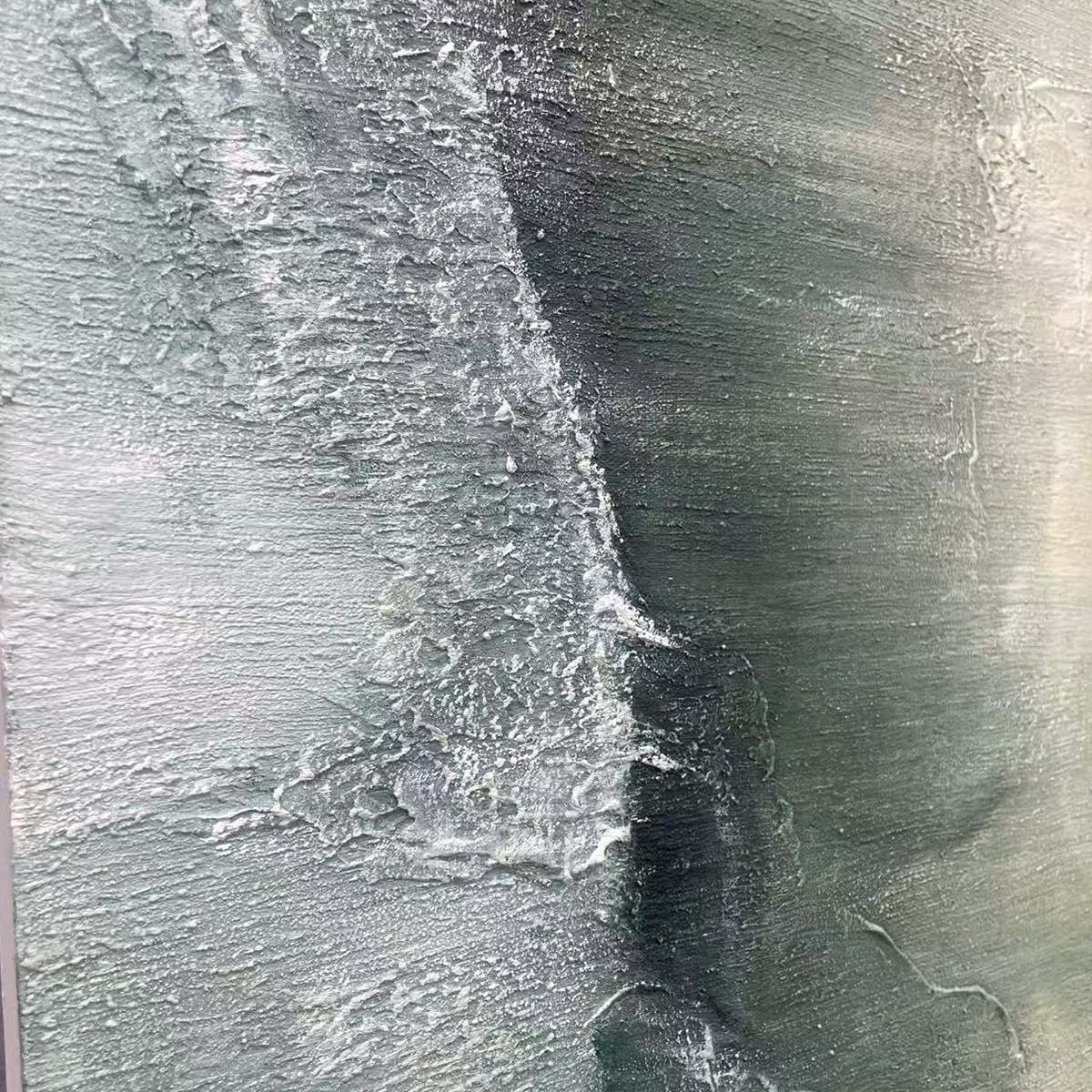 Emerald Depths hand-painted emerald green and ivory textured coastal abstract painting shown with silver frame