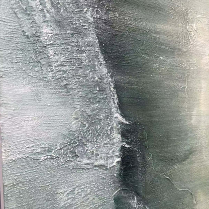 Emerald Depths hand-painted emerald green and ivory textured coastal abstract painting shown with silver frame