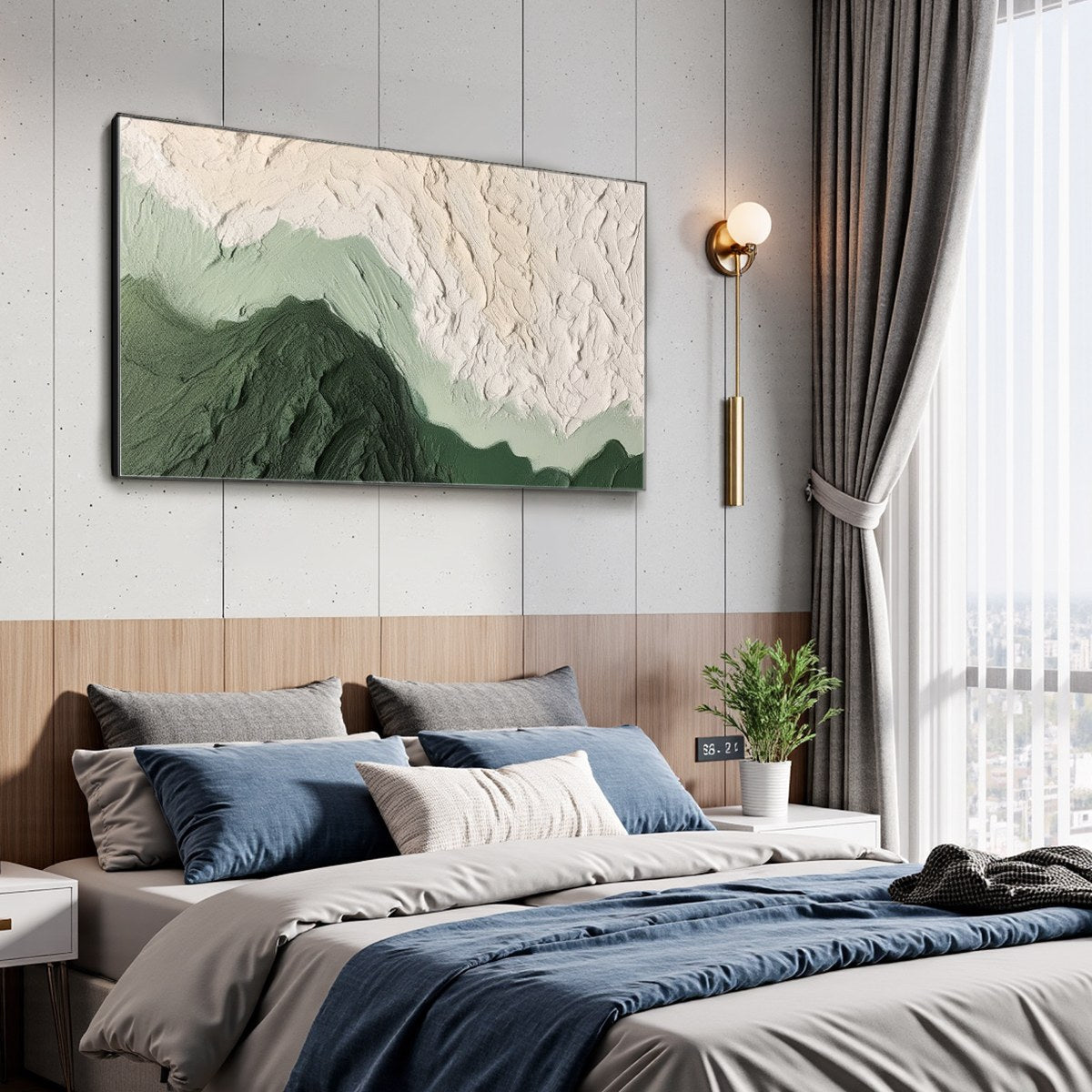 Emerald Dusk hand-painted cream and emerald green textured sunset seascape painting shown with white frame