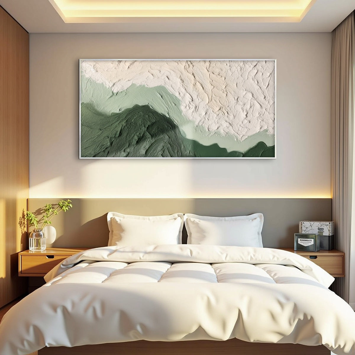 Emerald Dusk hand-painted cream and emerald green textured sunset seascape painting shown with black frame