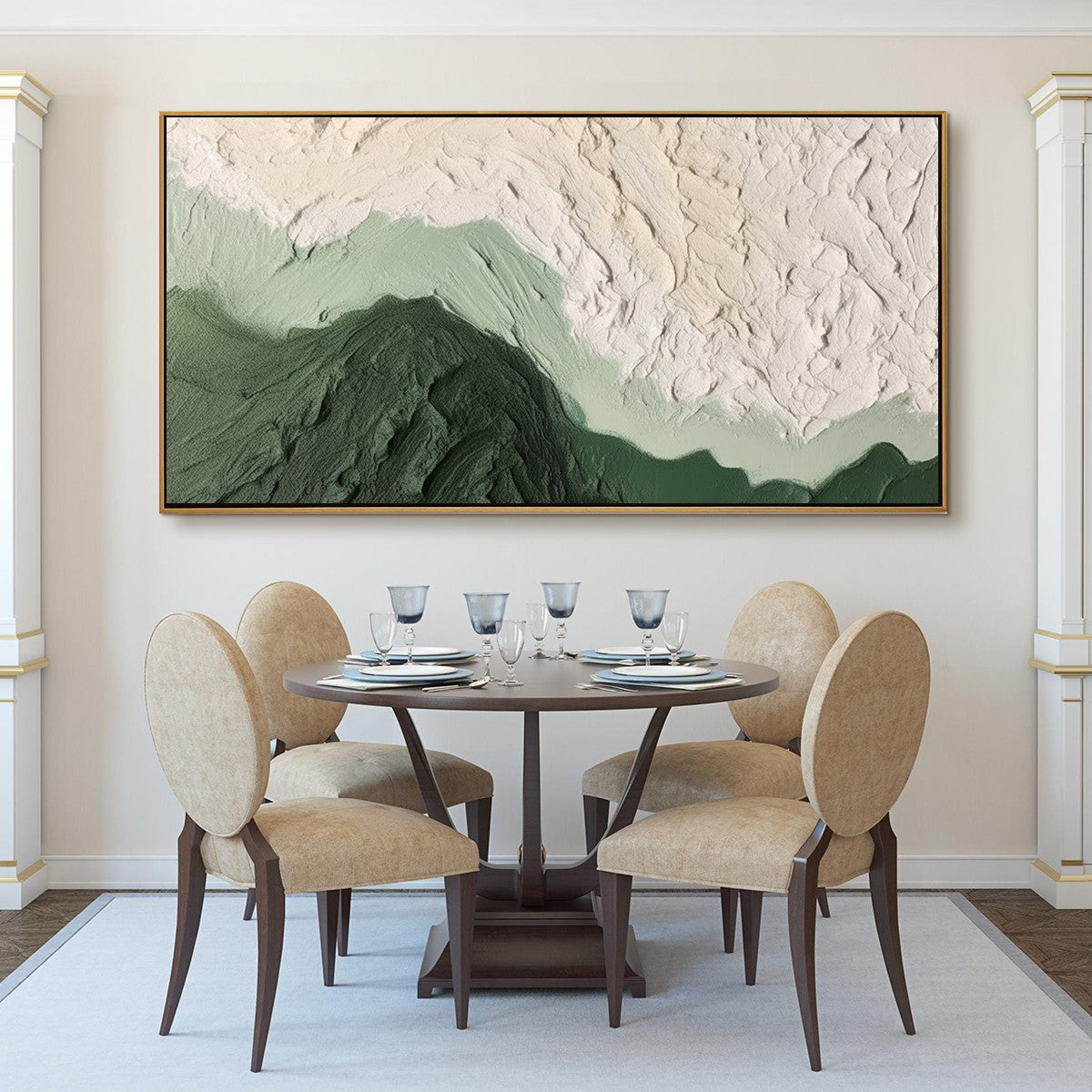 Emerald Dusk hand-painted cream and emerald green textured sunset seascape painting shown as stretched canvas