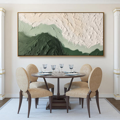 Emerald Dusk hand-painted cream and emerald green textured sunset seascape painting shown as stretched canvas