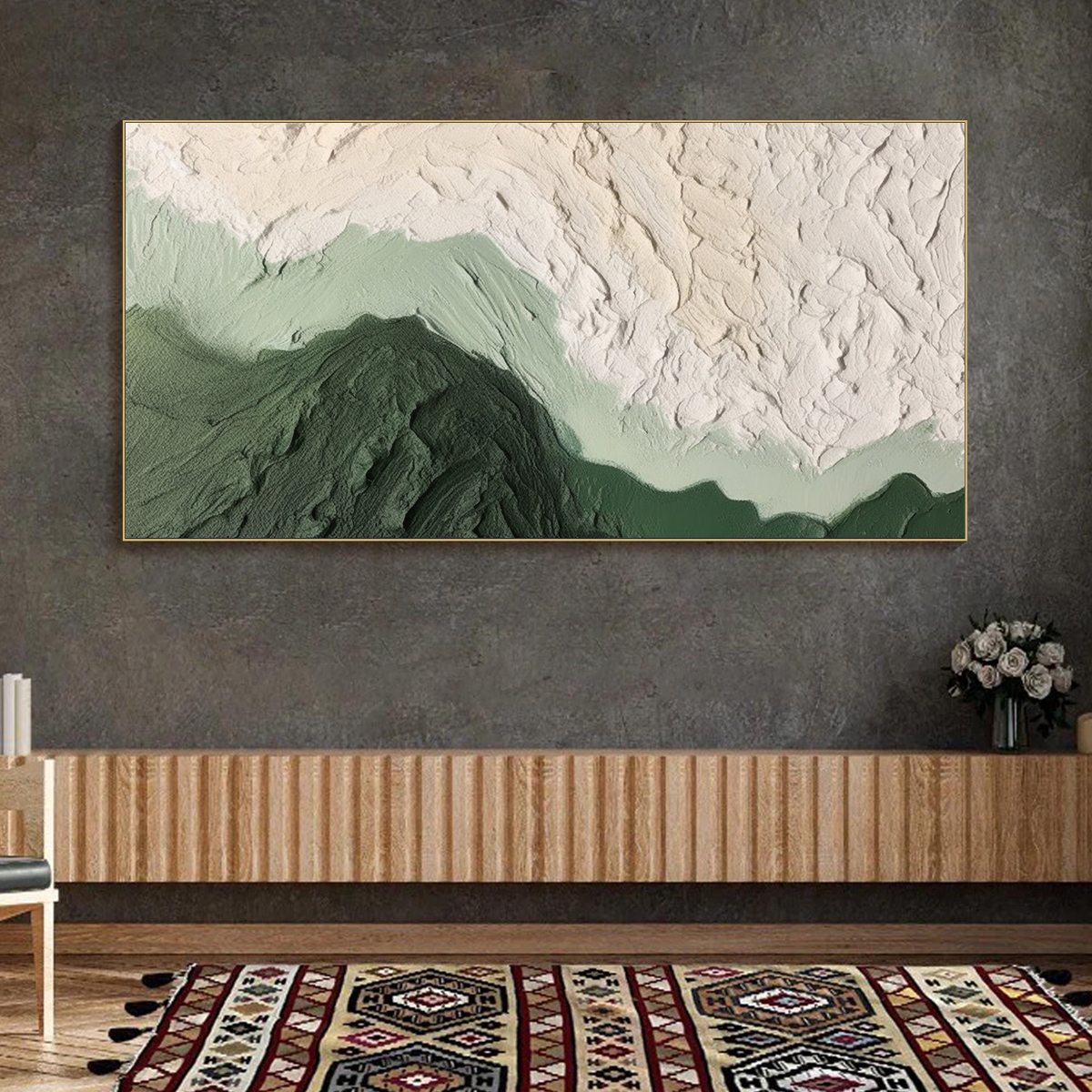 Emerald Dusk hand-painted cream and emerald green textured sunset seascape painting rolled canvas option