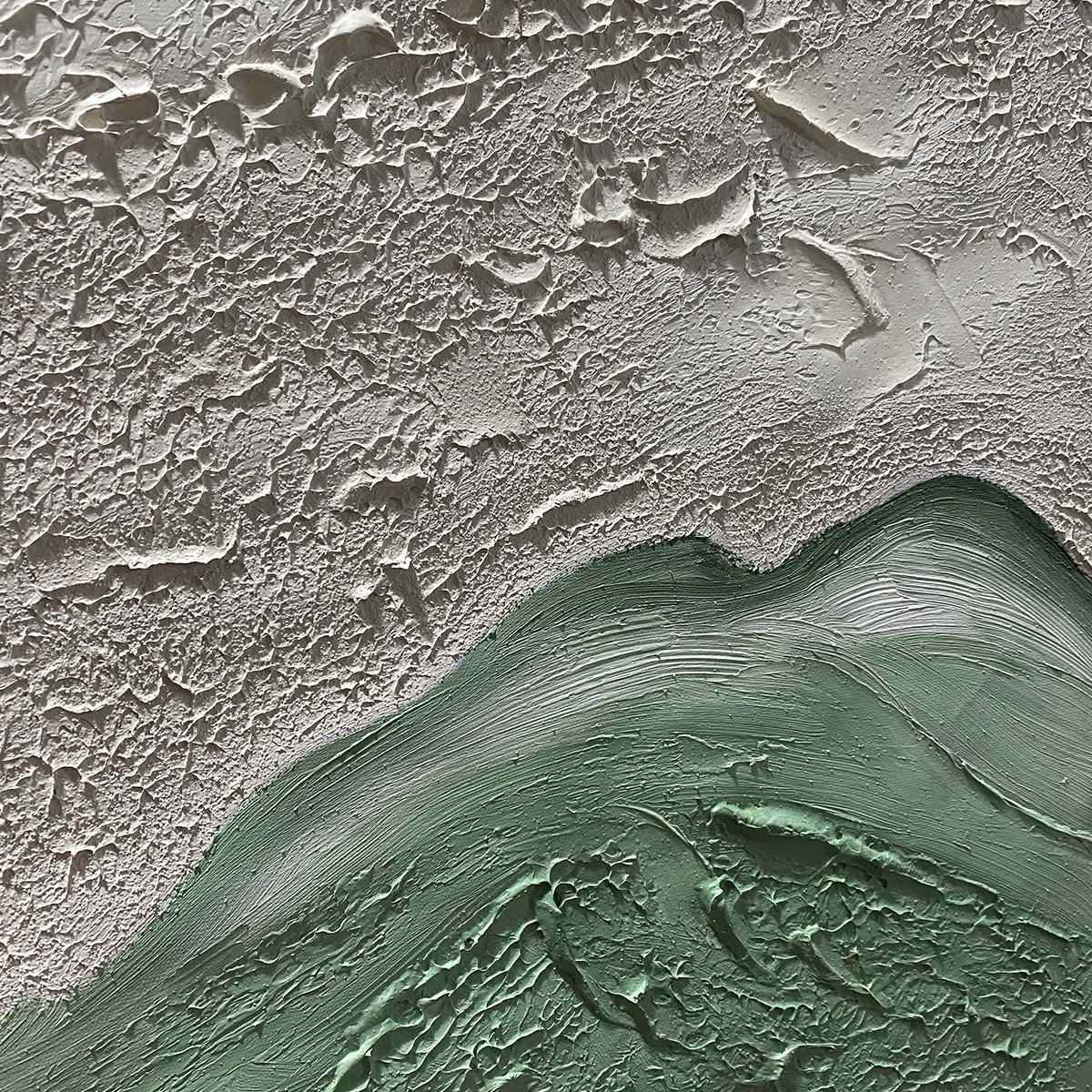 Emerald Dusk hand-painted cream and emerald green textured sunset seascape painting shown with wood frame