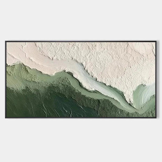 Emerald Flow hand-painted white and emerald green textured coastal landscape painting rolled canvas option