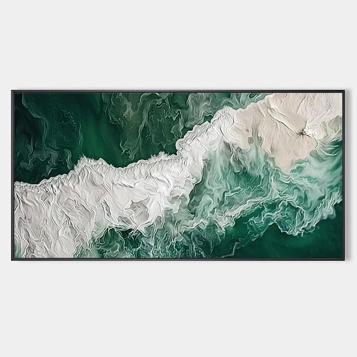 Emerald Flow hand-painted white and emerald green textured coastal abstract painting rolled canvas option