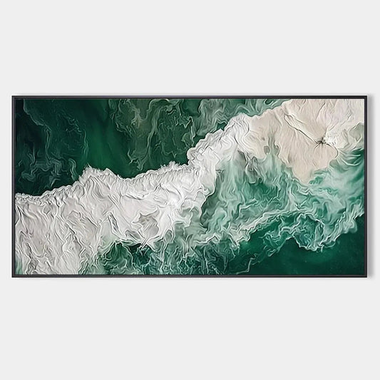 Emerald Flow hand-painted white and emerald green textured coastal abstract painting rolled canvas option