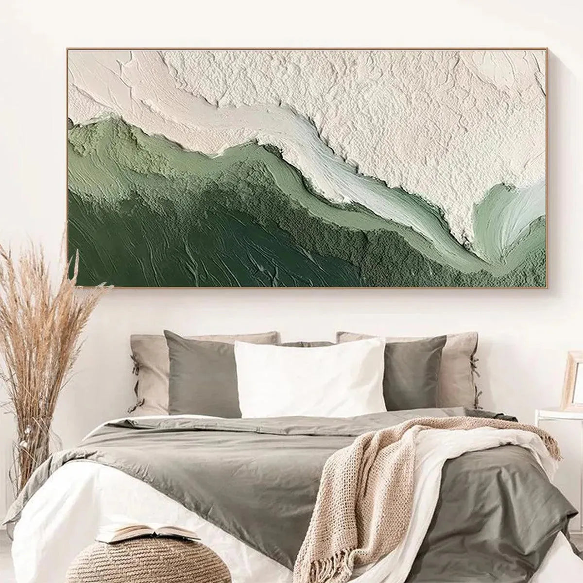 Emerald Flow hand-painted white and emerald green textured coastal landscape painting shown as stretched canvas