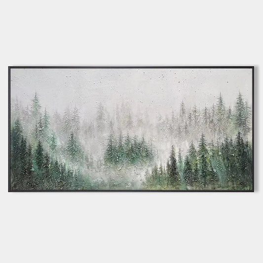 Emerald Mist hand-painted emerald green and ivory textured forest landscape painting rolled canvas option