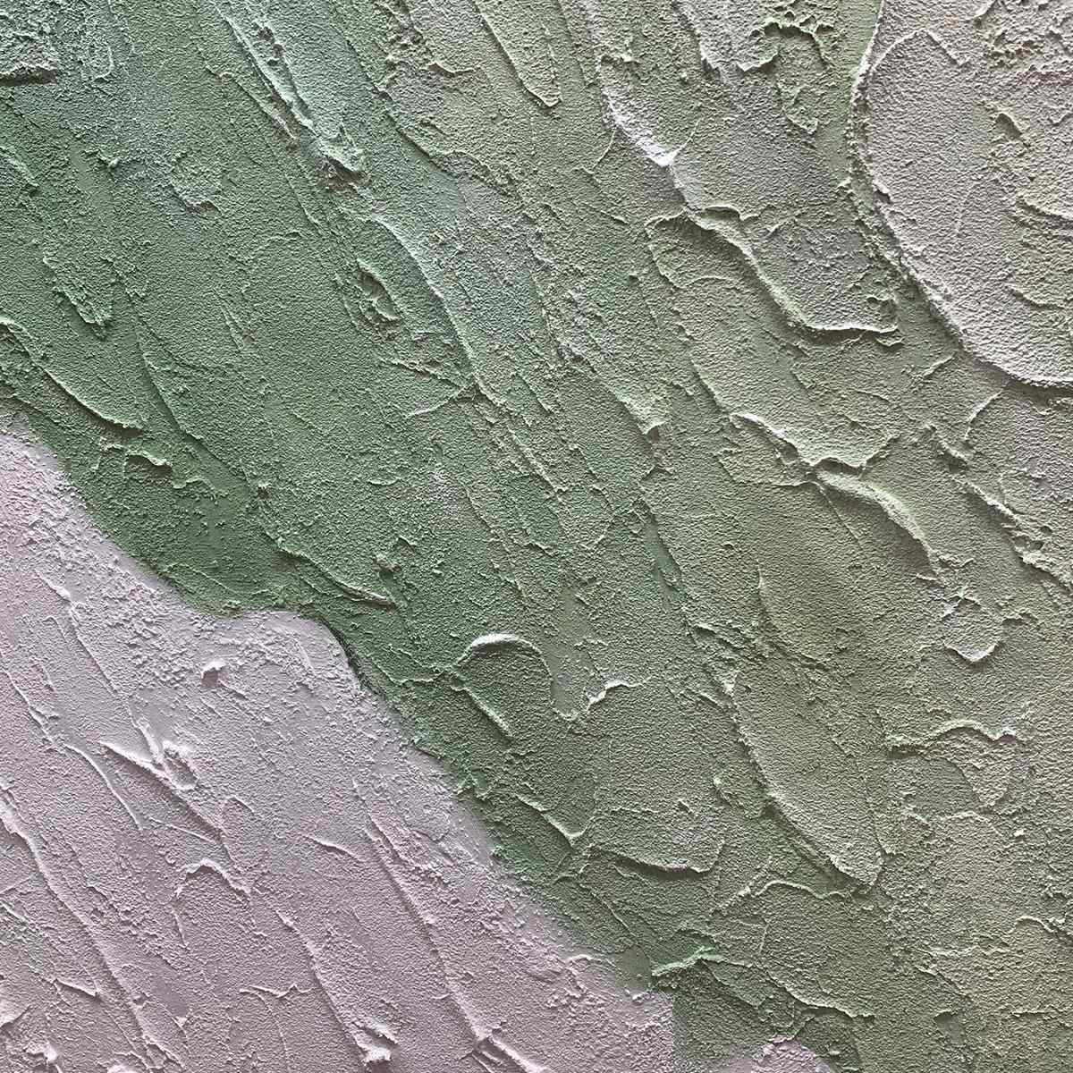 Emerald Peaks hand-painted white and emerald green textured coastal landscape painting shown with silver frame