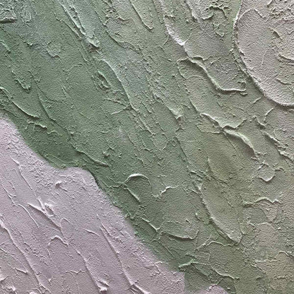 Emerald Peaks hand-painted white and emerald green textured coastal landscape painting shown with silver frame