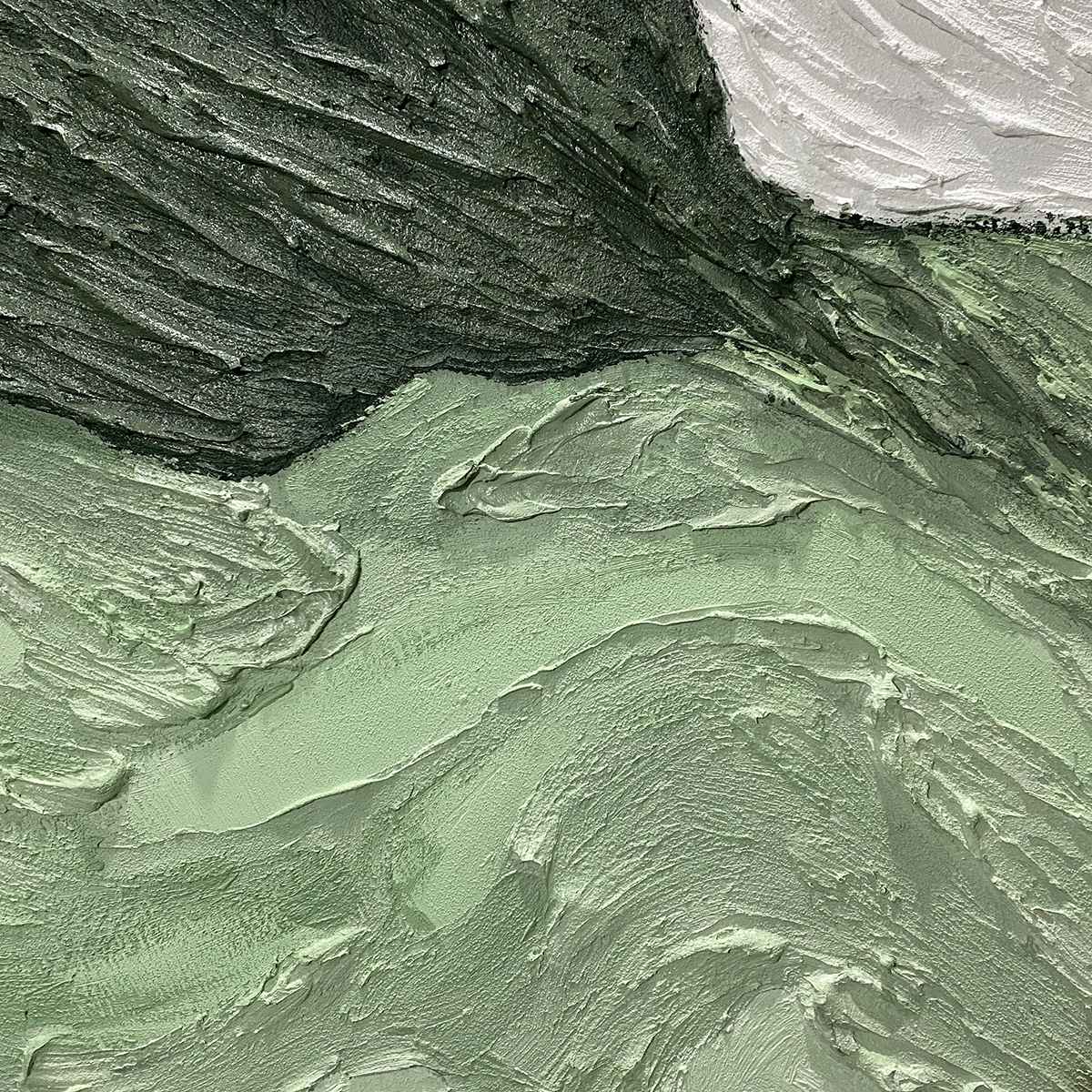Emerald Peaks hand-painted white and emerald green textured coastal landscape painting shown with wood frame