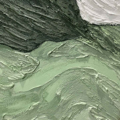 Emerald Peaks hand-painted white and emerald green textured coastal landscape painting shown with wood frame