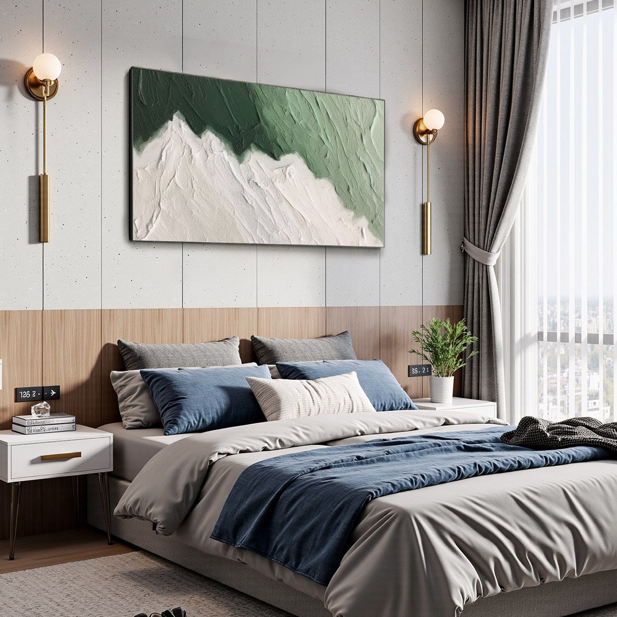 Emerald Peaks hand-painted white and emerald green textured coastal landscape painting shown with white frame
