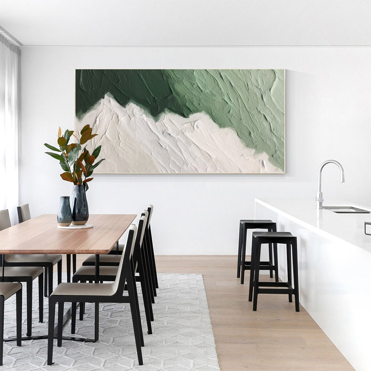 Emerald Peaks hand-painted white and emerald green textured coastal landscape painting shown with black frame