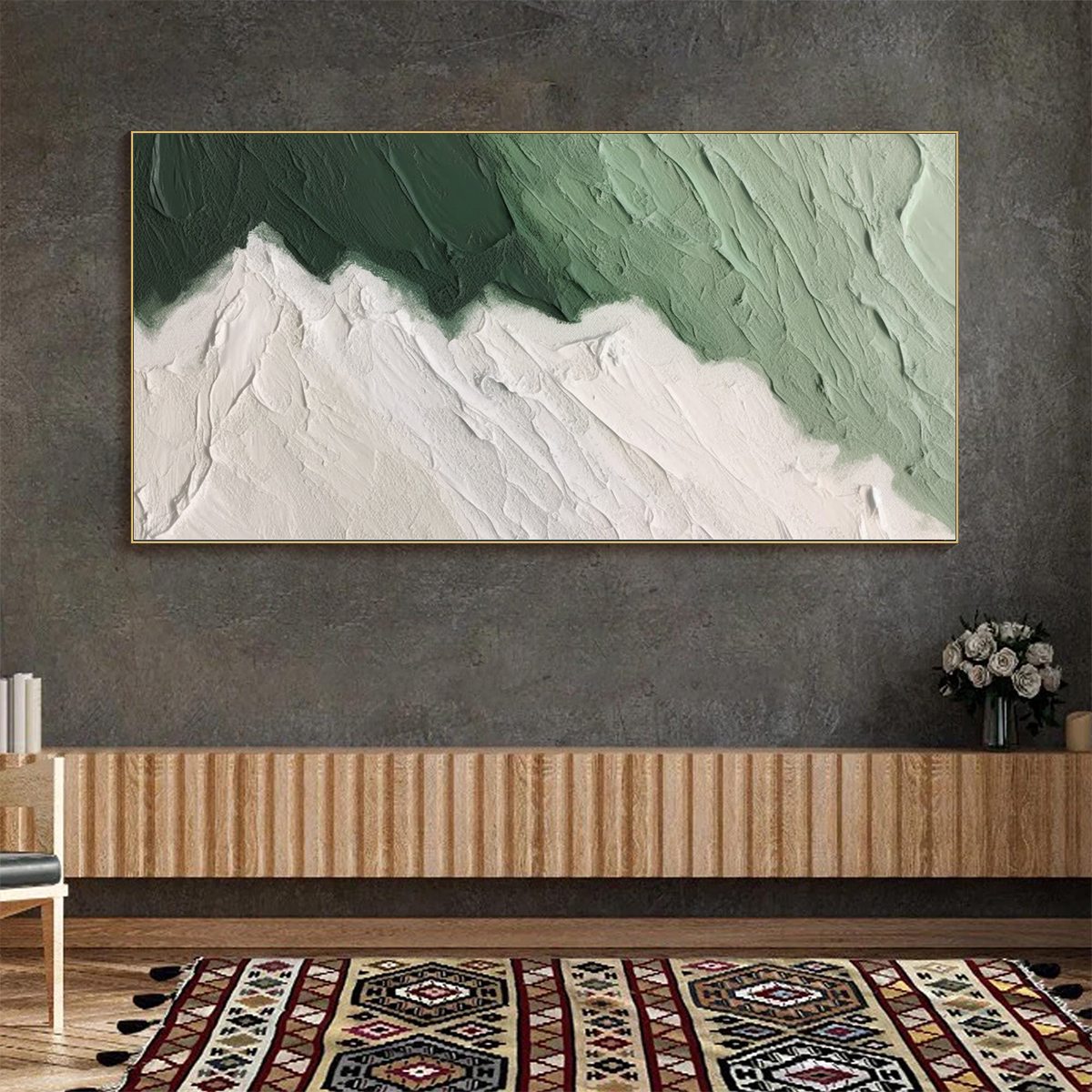 Emerald Peaks hand-painted white and emerald green textured coastal landscape painting rolled canvas option