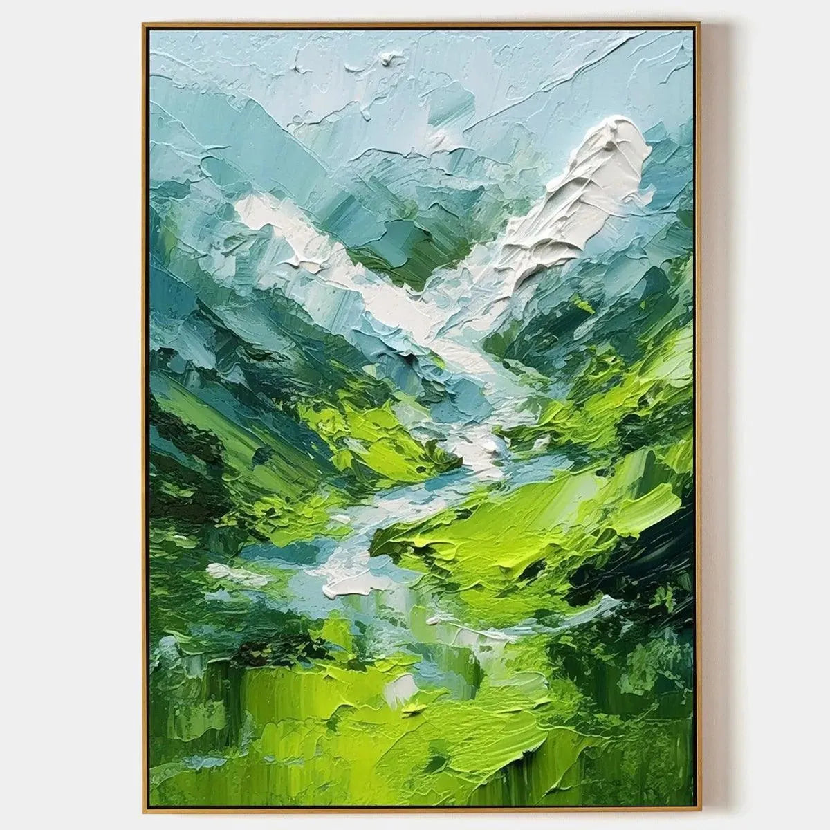 Emerald Valley hand-painted emerald green and ivory textured abstract mountain painting rolled canvas option