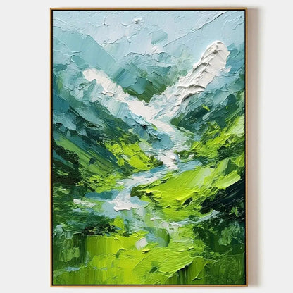Emerald Valley hand-painted emerald green and ivory textured abstract mountain painting rolled canvas option