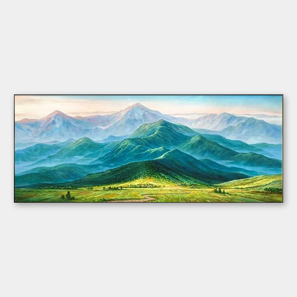 Emerald Valley Vista hand-painted emerald green and ivory textured mountain valley painting rolled canvas option