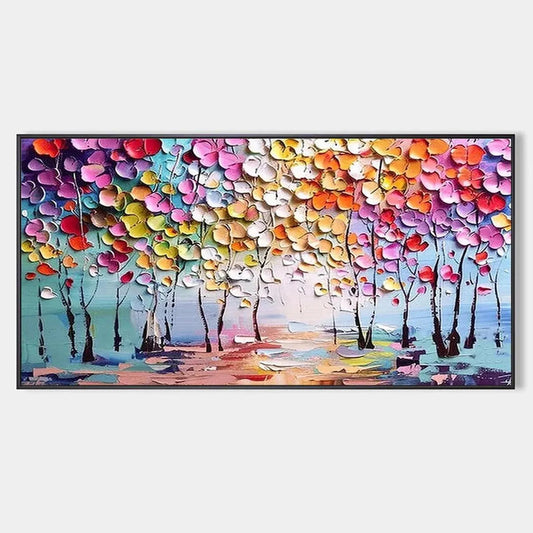 Enchanted Forest hand-painted crimson, golden yellow, turquoise and violet textured forest landscape painting rolled canvas option