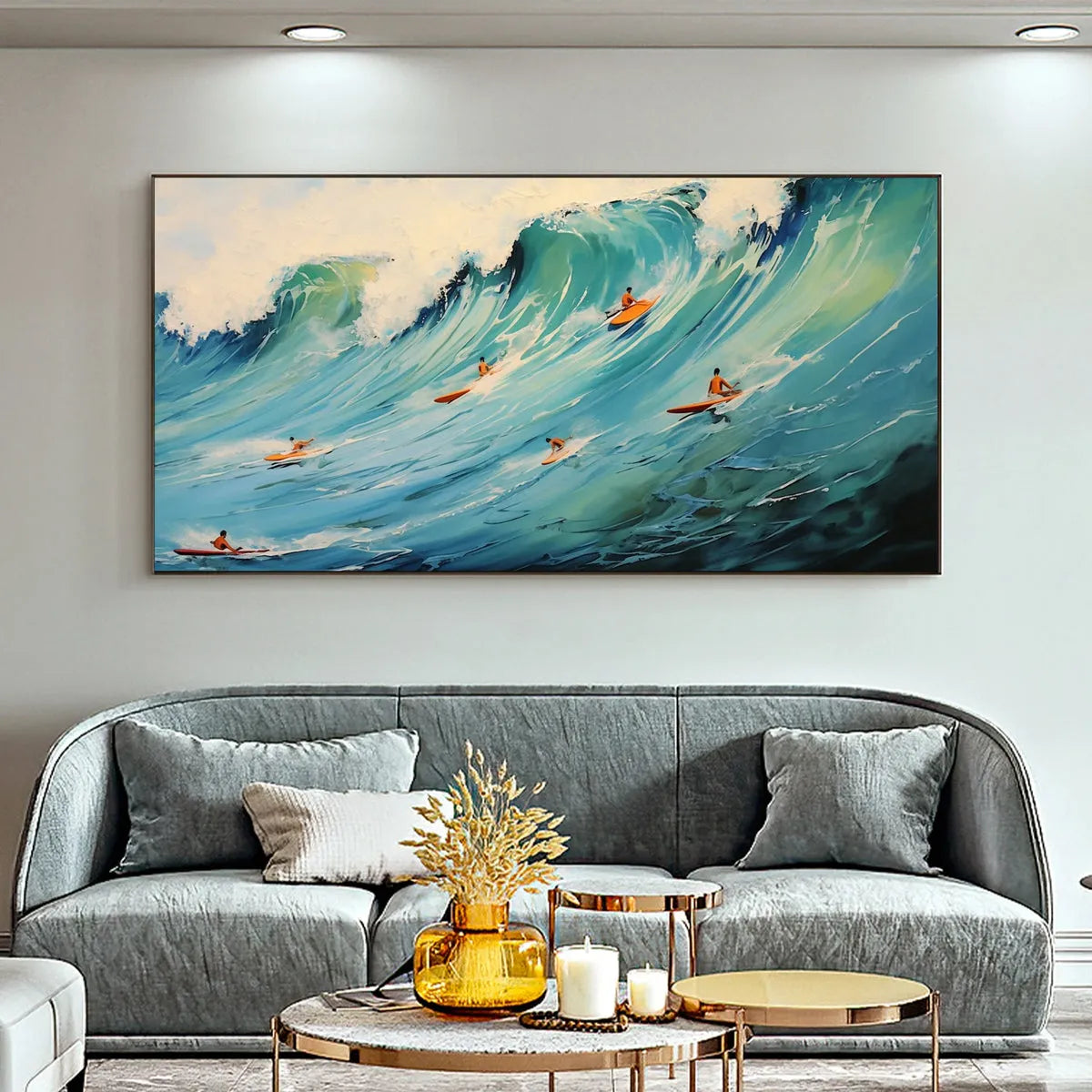 Epic Ride hand-painted orange and ivory textured surfer ocean painting shown as stretched canvas