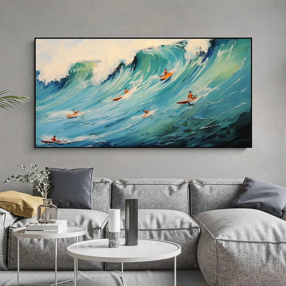 Epic Ride hand-painted orange and ivory textured surfer ocean painting shown as stretched canvas