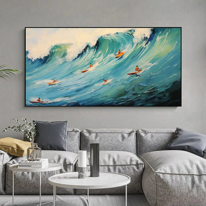 Epic Ride hand-painted orange and ivory textured surfer ocean painting shown as stretched canvas