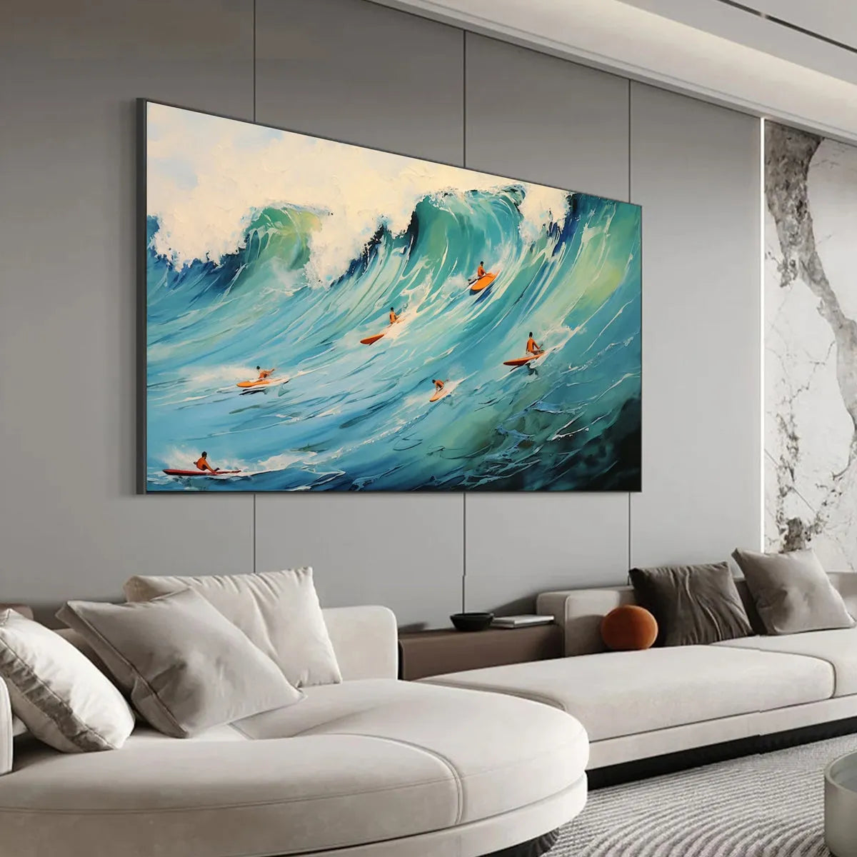 Epic Ride hand-painted orange and ivory textured surfer ocean painting rolled canvas option