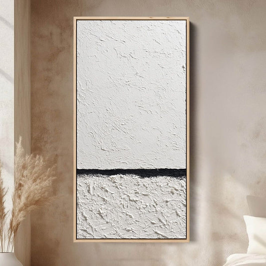 Equilibrium hand-painted white and black textured coastal abstract painting shown as stretched canvas