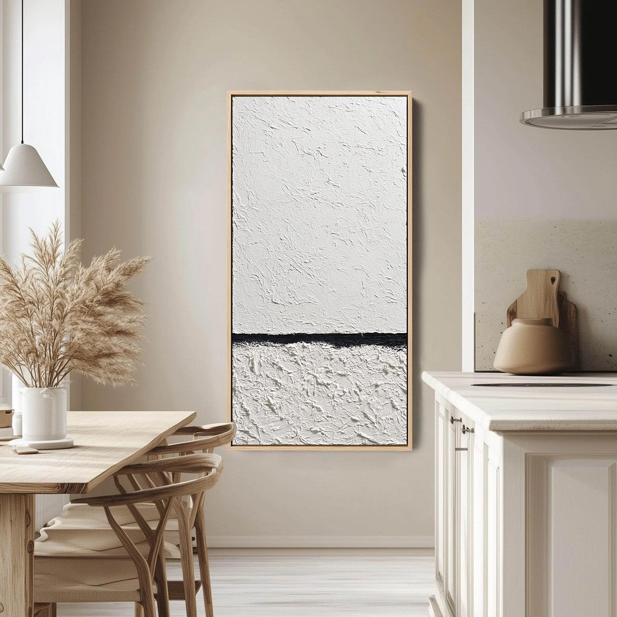 Equilibrium hand-painted white and black textured coastal abstract painting shown with silver frame