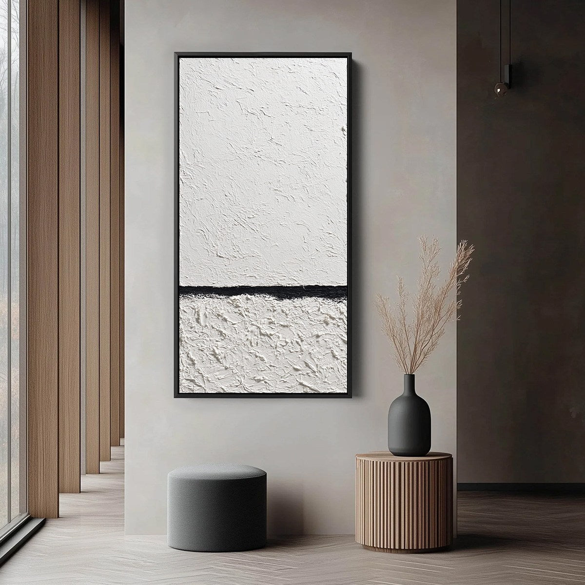 Equilibrium hand-painted white and black textured coastal abstract painting shown with black frame