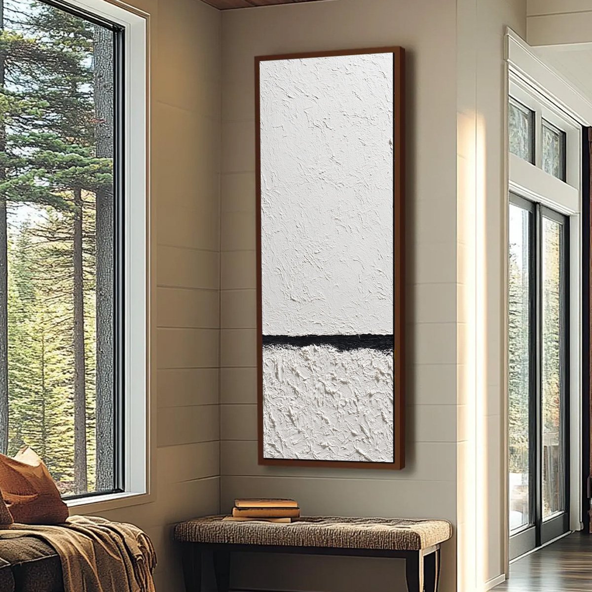 Equilibrium hand-painted white and black textured coastal abstract painting shown with wood frame