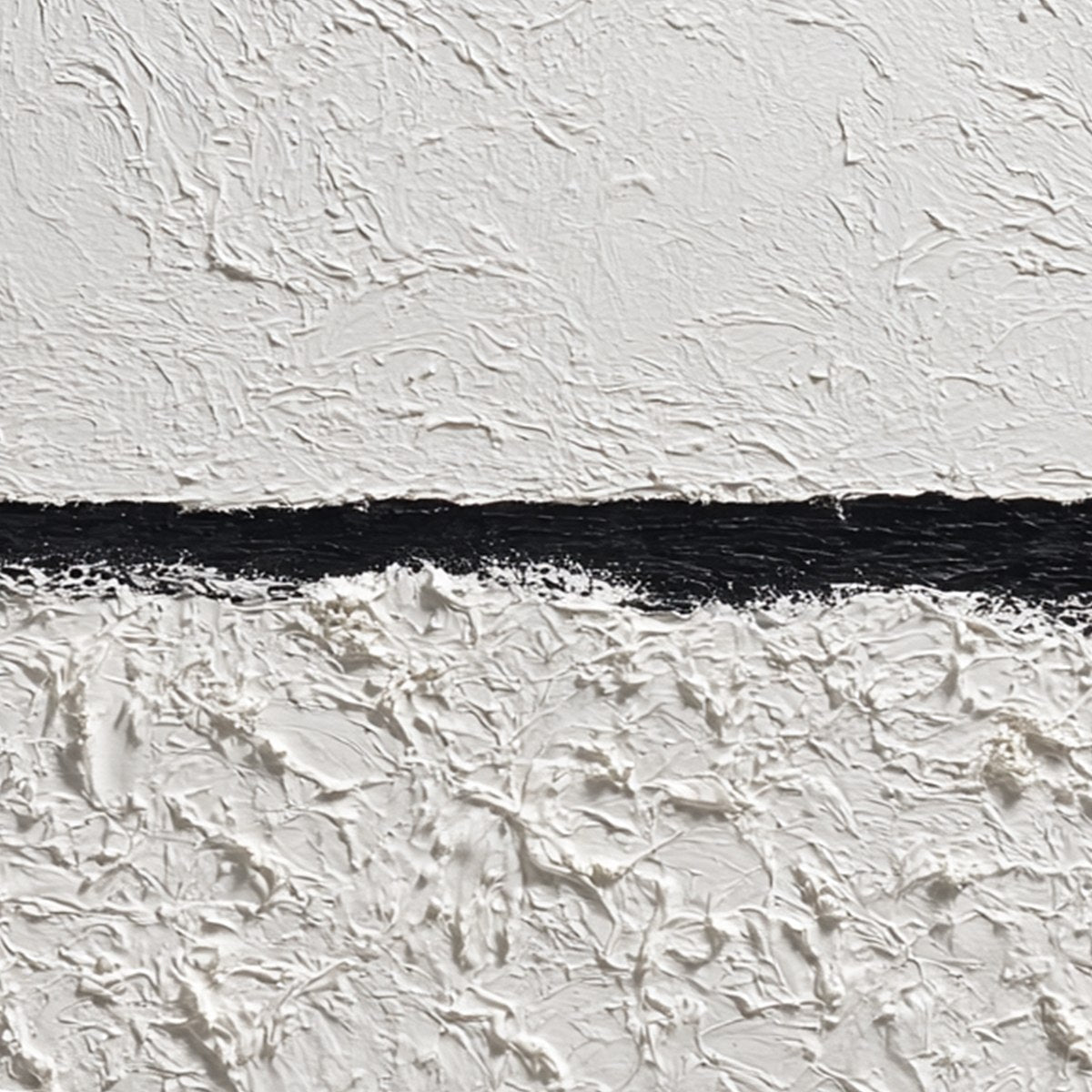 Equilibrium hand-painted white and black textured coastal abstract painting shown with gold frame