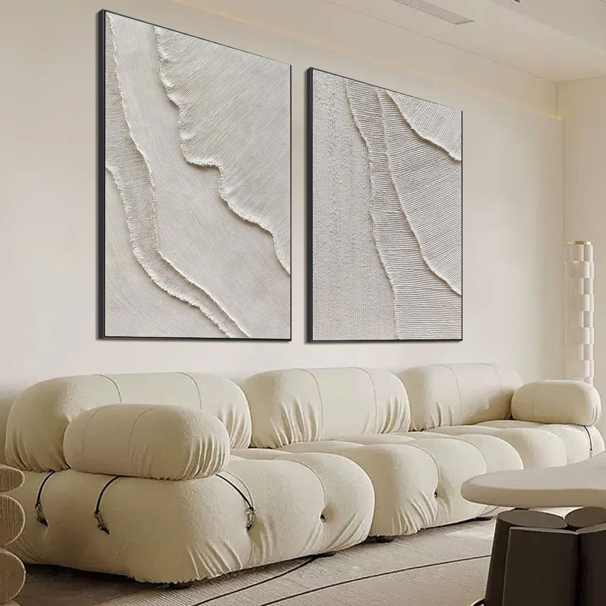 Etched In Stone hand-painted white and soft beige textured ocean wave painting shown with white frame