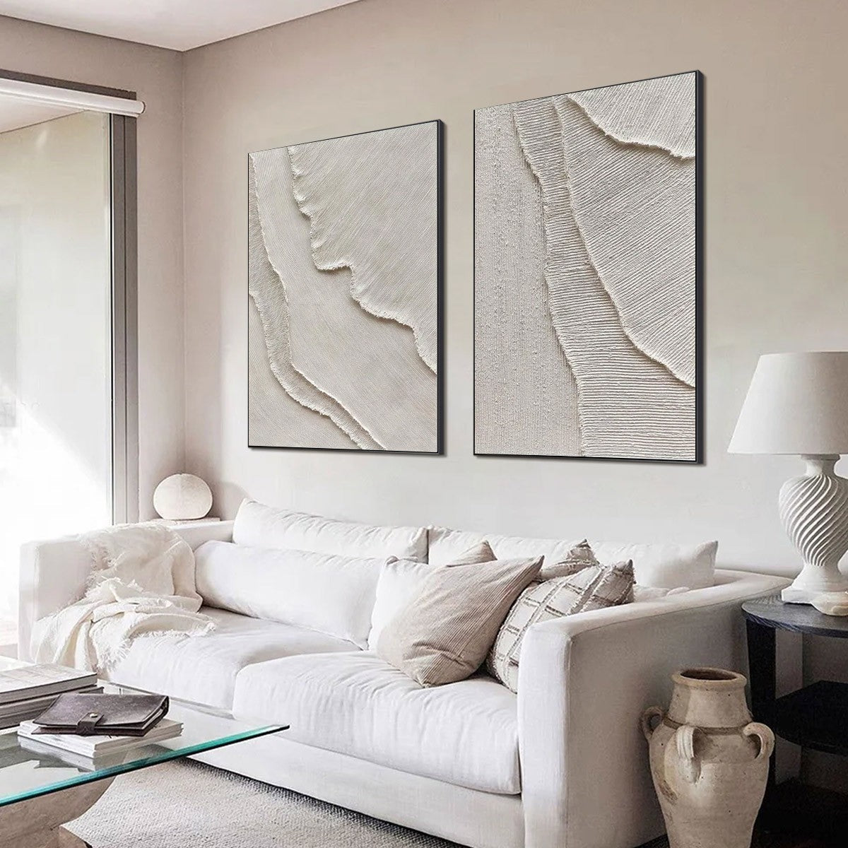 Etched In Stone hand-painted white and soft beige textured ocean wave painting rolled canvas option