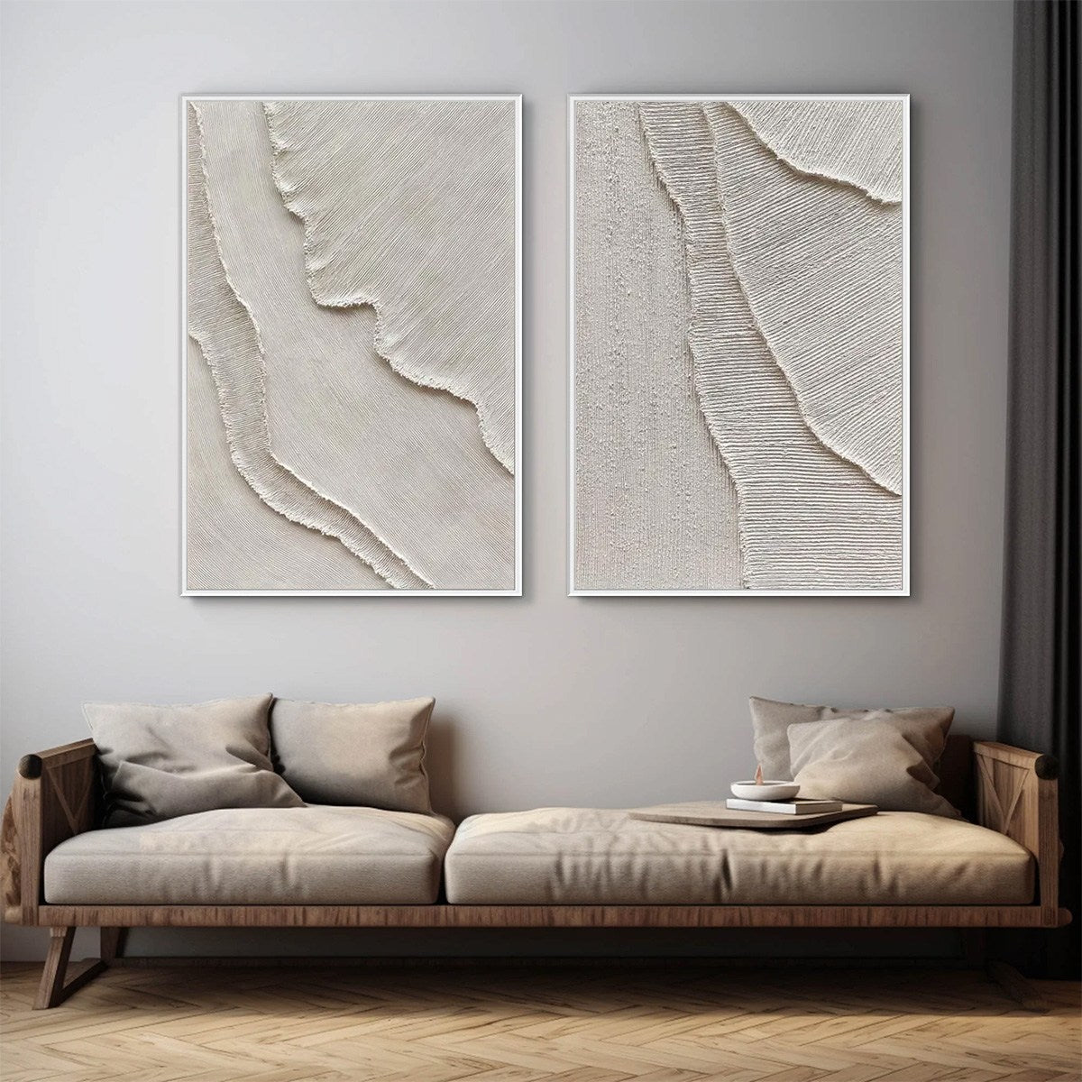 Etched In Stone hand-painted white and soft beige textured ocean wave painting shown with black frame