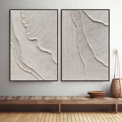 Etched In Stone hand-painted white and soft beige textured ocean wave painting shown as stretched canvas