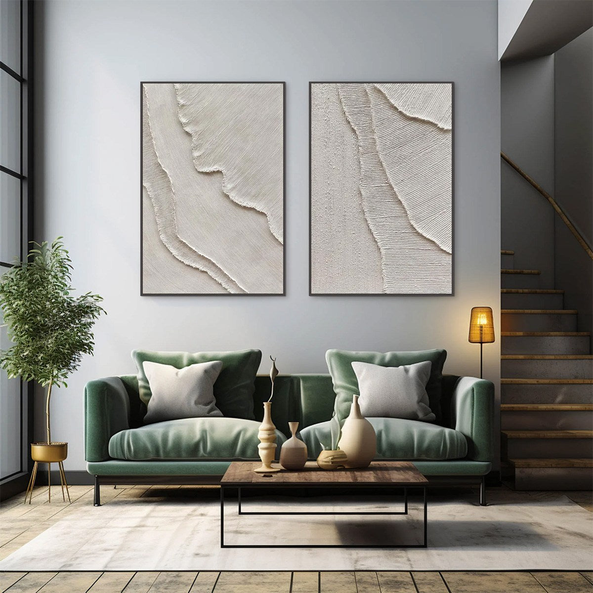 Etched In Stone hand-painted white and soft beige textured ocean wave painting shown as stretched canvas
