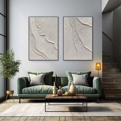 Etched In Stone hand-painted white and soft beige textured ocean wave painting shown as stretched canvas