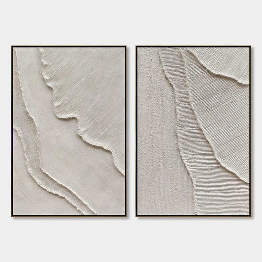 Etched In Stone hand-painted white and soft beige textured ocean wave painting rolled canvas option
