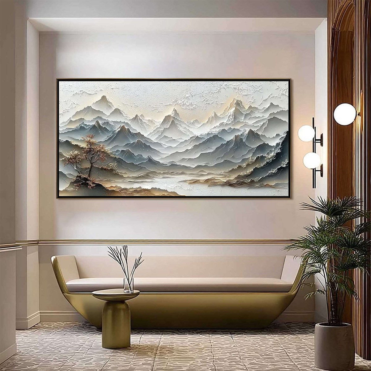 Eternal Horizons hand-painted white and soft grey textured abstract mountain painting shown as stretched canvas