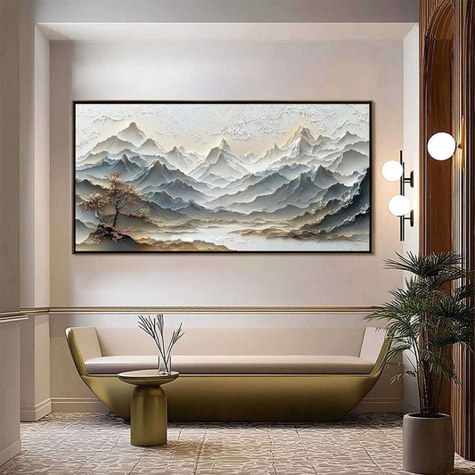 Eternal Horizons hand-painted white and soft grey textured abstract mountain painting shown as stretched canvas