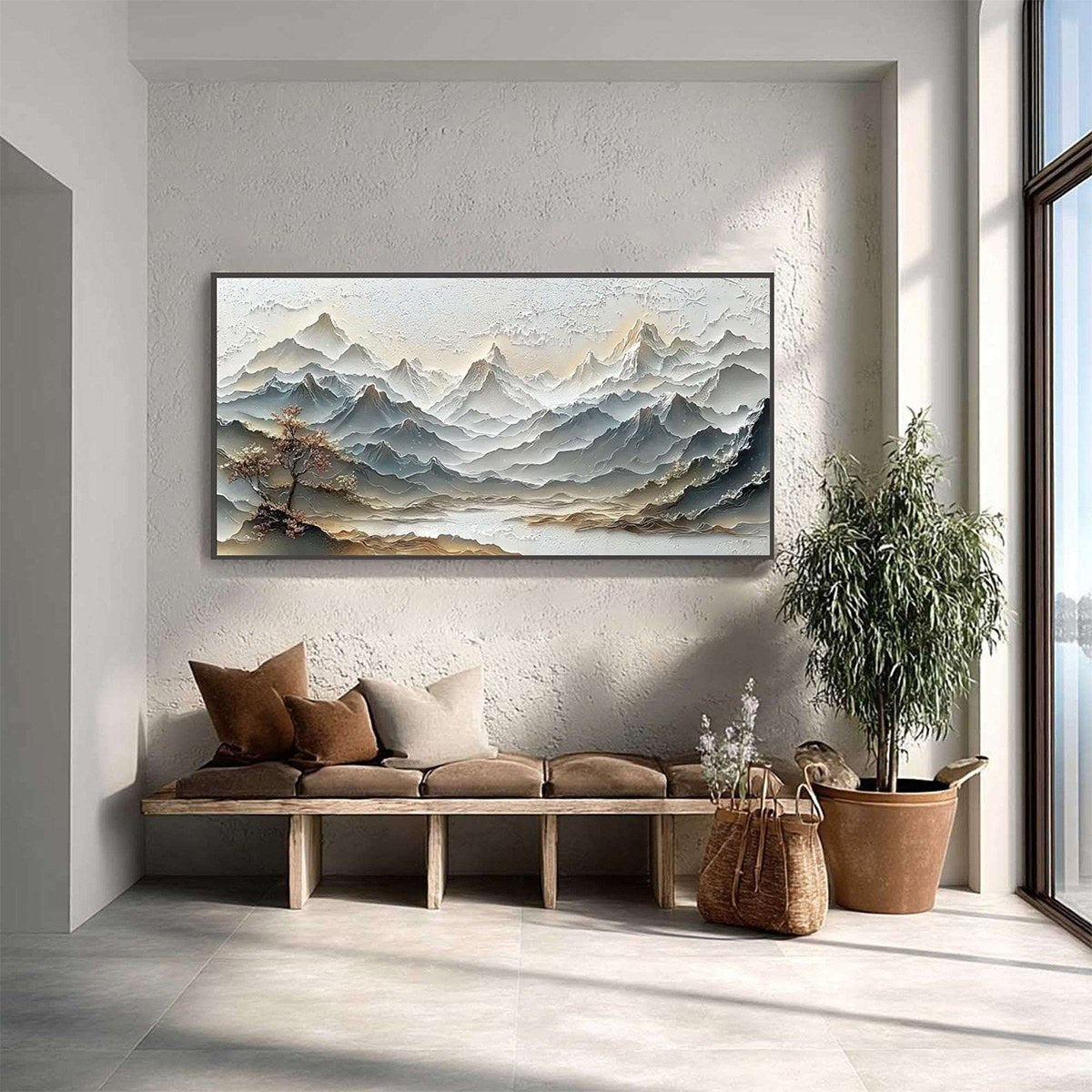 Eternal Horizons hand-painted white and soft grey textured abstract mountain painting shown with silver frame