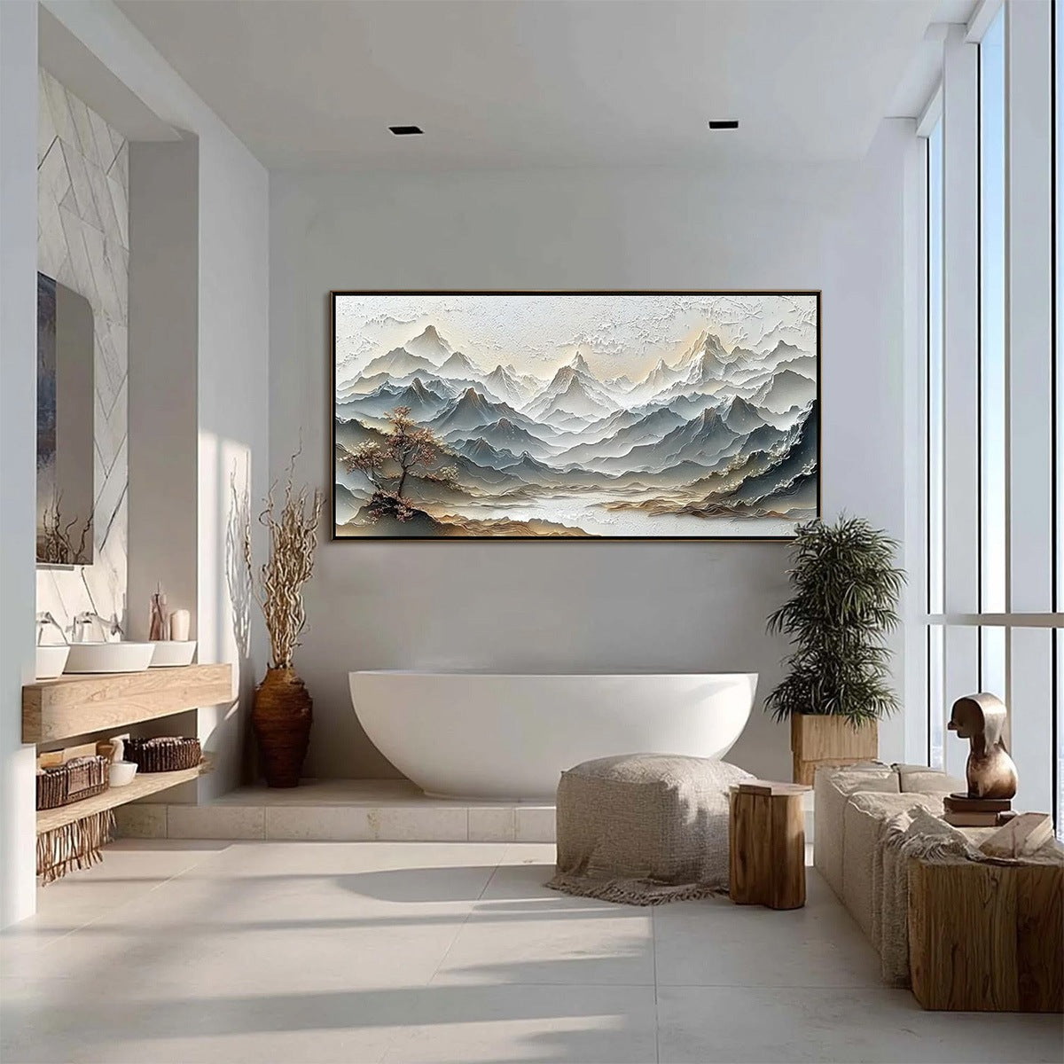 Eternal Horizons hand-painted white and soft grey textured abstract mountain painting shown with black frame