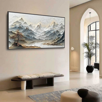 Eternal Horizons hand-painted white and soft grey textured abstract mountain painting shown with wood frame