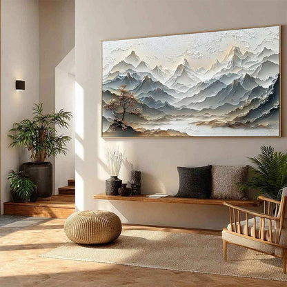 Eternal Horizons hand-painted white and soft grey textured abstract mountain painting rolled canvas option