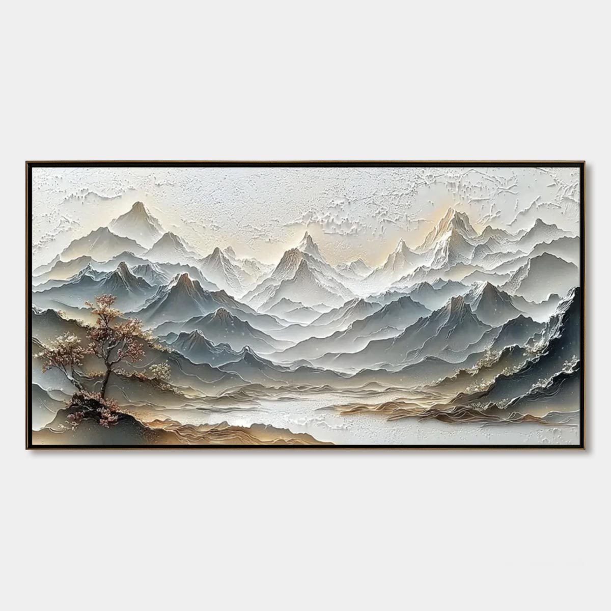 Eternal Horizons hand-painted white and soft grey textured abstract mountain painting rolled canvas option