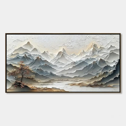 Eternal Horizons hand-painted white and soft grey textured abstract mountain painting rolled canvas option