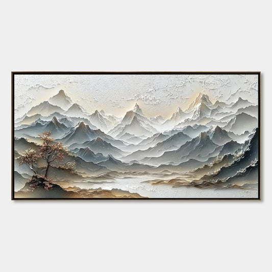 Eternal Horizons hand-painted white and soft grey textured abstract mountain painting rolled canvas option